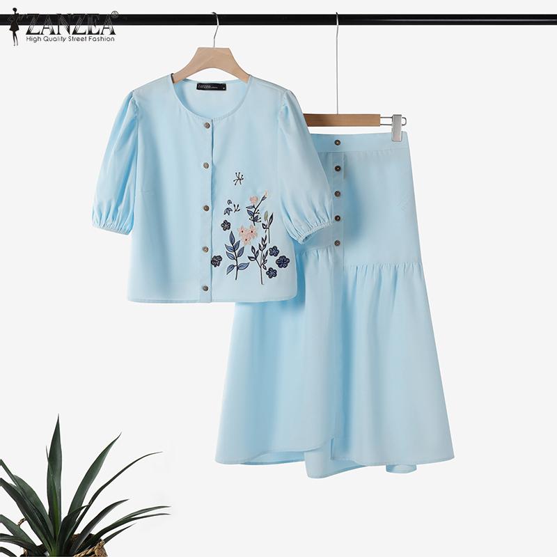 ZANZEA Женские летние комплекты с круглым вырезом, коротким рукавом и цветочным принтом, рубашка с карманом и юбкой-трапецией