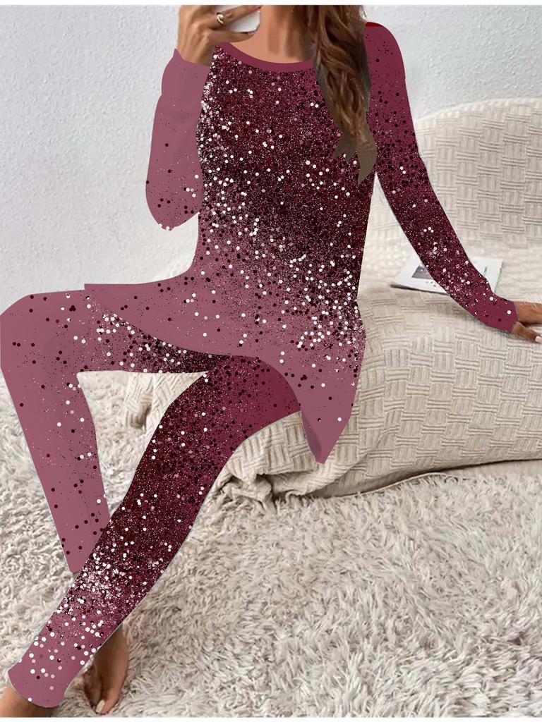 Евро-американская мода 3D с блестящим принтом женская футболка с длинным рукавом на четыре сезона + длинные брюки комплект из двух предметов. Идеальный подарок на Новый год и Рождество