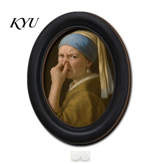 Unique Oval Art Prints Abstract Cat Wall Decor, 2D Wood Framed Funny Painting Modern Decoration Print, Vintage Ornament for Living Room Bedroom