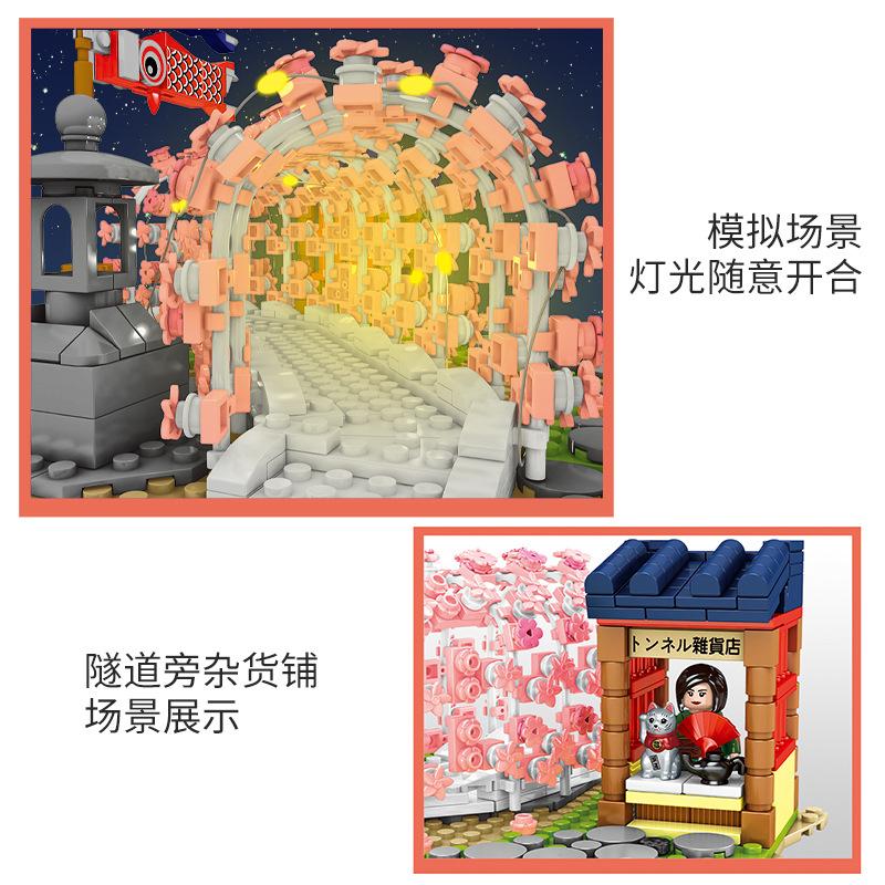 Senbao Building Block Street View Cherry Blossom Tunnel Scene Building Block Девочки Развивающие игрушки