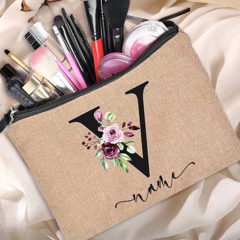Linen Makeup Bag Customized Personalized Name Cosmetic Bag Bridesmaid Clutch Outdoor Travel Beauty  Bachelor Party Lipstick Bag