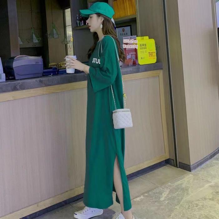 Летнее платье-футболка оверсайз с принтом букв - Короткие рукава, Длина до колена