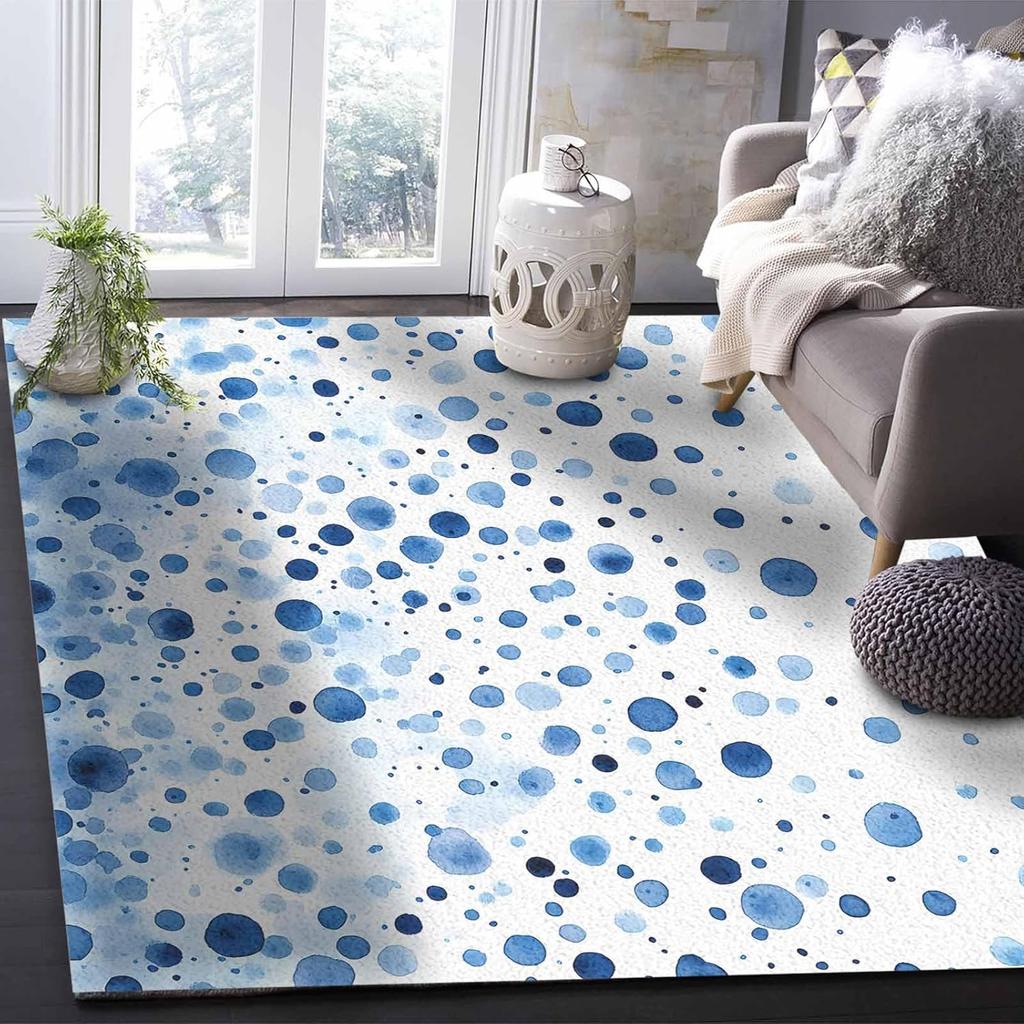 Polka Dot Theme Washable Area Rugs Watercolor Gradient Navy Blue Non Slip Rugs for Living Room Bedroom, Low Pile Floor Mat Large