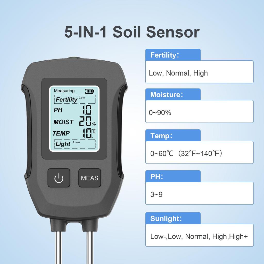 5 In 1 Soil Tester Digital PH Moisture Light Temperature Fertility Meter For Garden Plants Farm Greenhouse Potted Monitoring