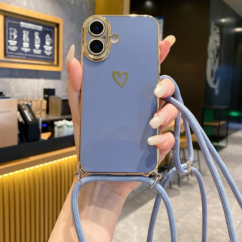 Мягкий чехол TPU с принтом в виде сердца для iPhone 16 Pro Max 15 Pro 14 Pro 13 12 11, ремешок через плечо, противоударный, защита линз, глянцевый чехол для телефона
