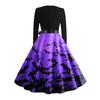 Women's Vintage Classic Dress Long Sleeve Halloween Print V-neck Swing Dress
