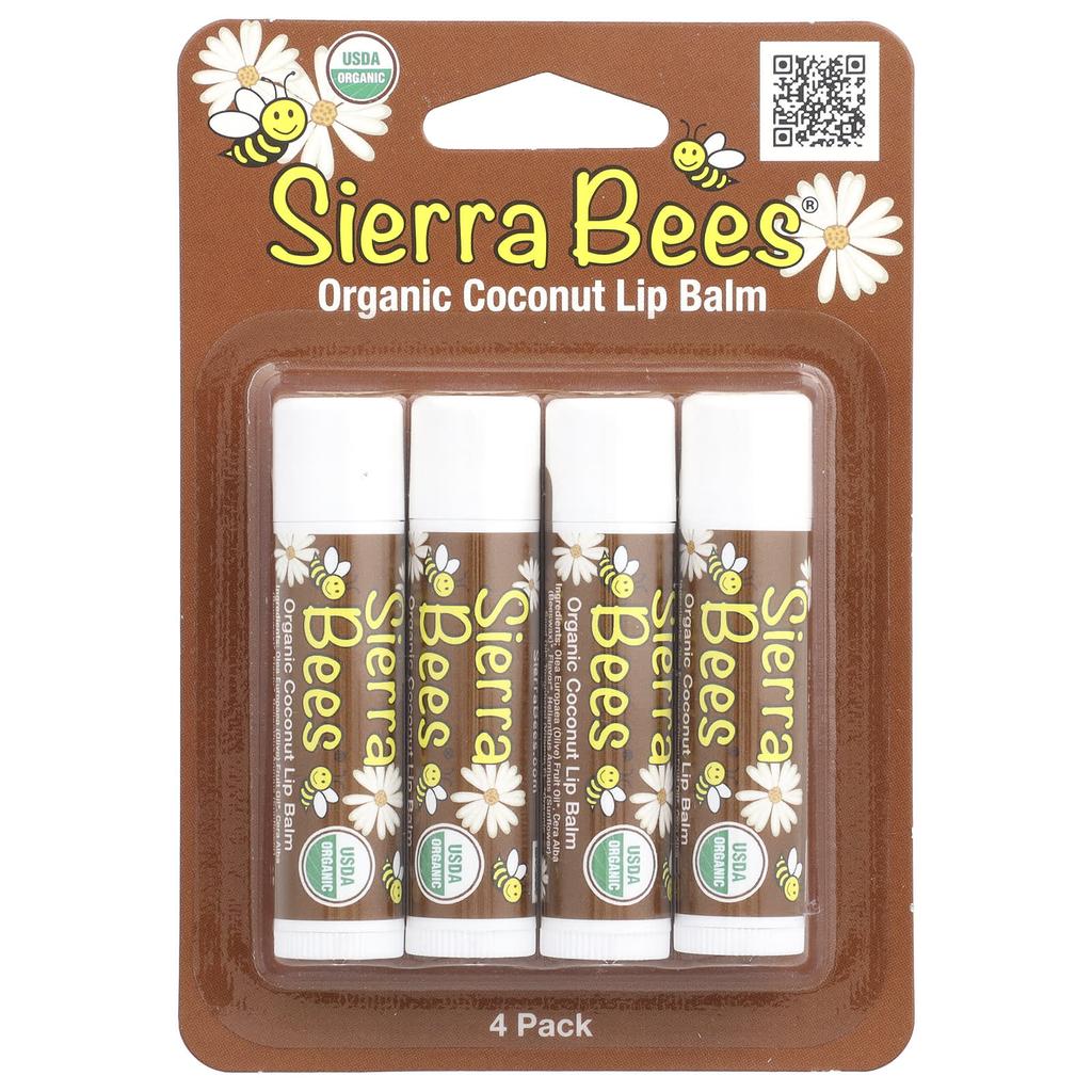 Sierra Bees Органический бальзам для губ, кокос, 4 шт., 0,15 унции (4,25 г) Каждый