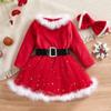Christmas Girls Dress Hairband 2pcs Set Red Mesh Flannel Dress Princess Dress