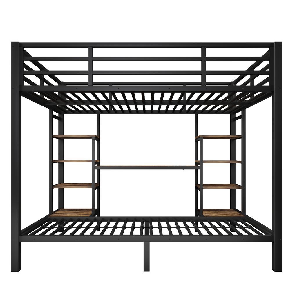 Bunk Bed, 90 x 200 cm, 140 x 200 cm, Metal Bed Frame, Storage, Supports USB, Type-C and Round Sockets, LED Lighting, Without Mattress, Black