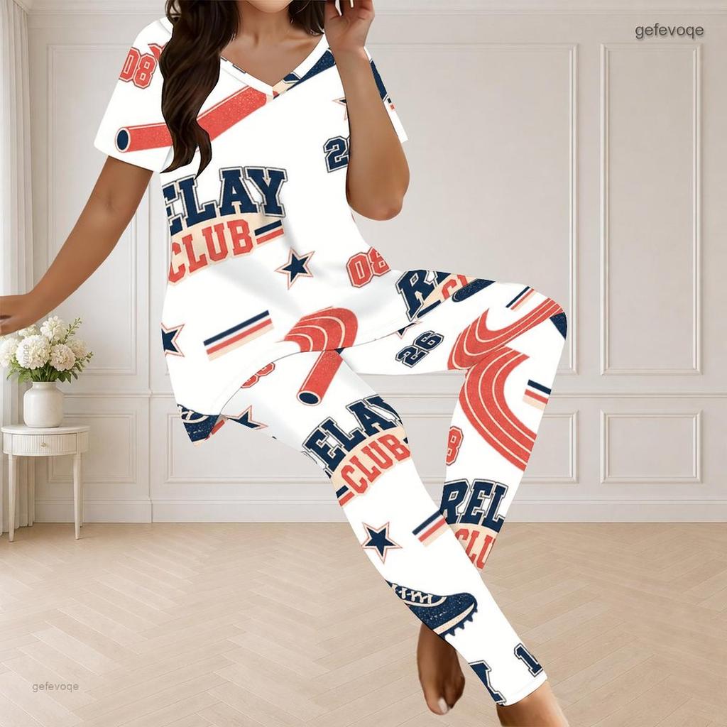Women Plus Size V Neck Short Sleeve Alpine Mountain Print White Pajama Set