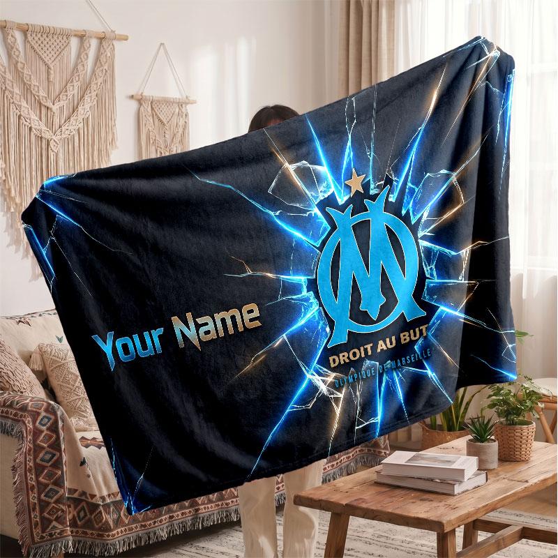 Olympique Marseille FC Personalized Fleece Blanket With Football Logo, Custom Name Text Soft Warm Home Throw Blanket