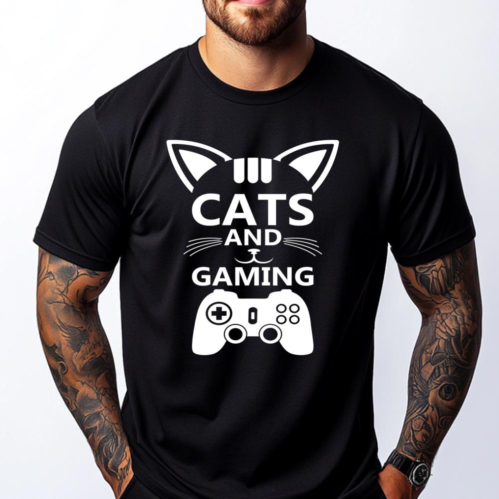 Cats And Gaming Cat Lover Gaming Graphic Tee Cotton Camiseta Masculina Luxury Designer Tshirt Lovers Day - Men's Summer Cotto...