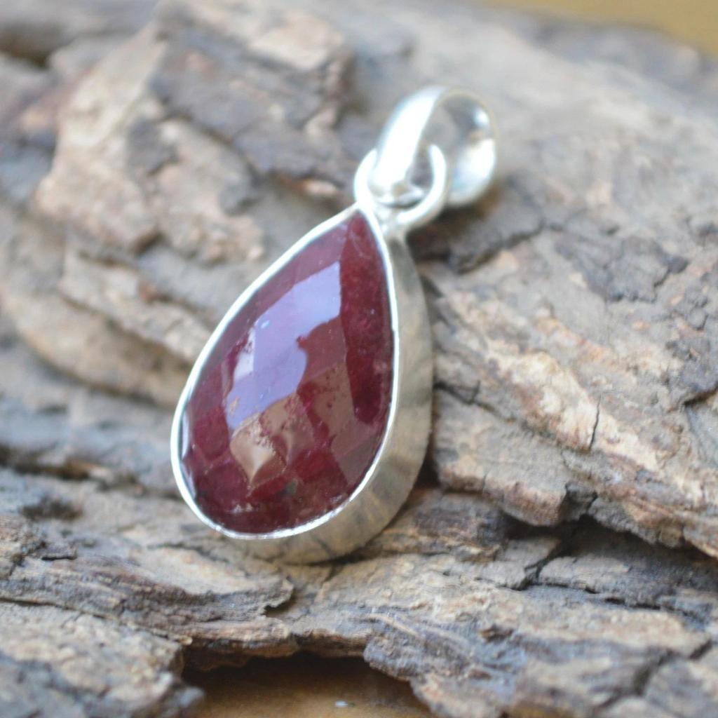 Pear Rose Cut Red Ruby Gemstone 925 Sterling Silver Artisan Handmade Pendant