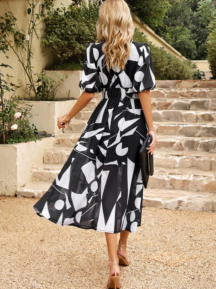 Новое летнее женское платье, темпераментное длинное платье с v-образным вырезом и принтом на талии