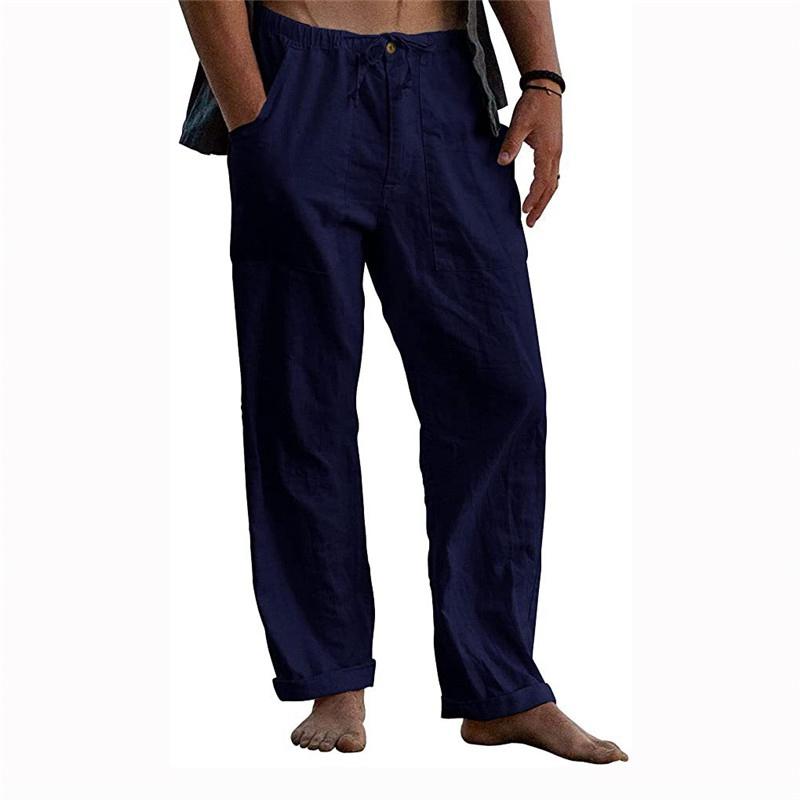 Мужские летние пляжные удобные дышащие свободные хлопковые льняные брюки для йоги, эластичные брюки на шнурке