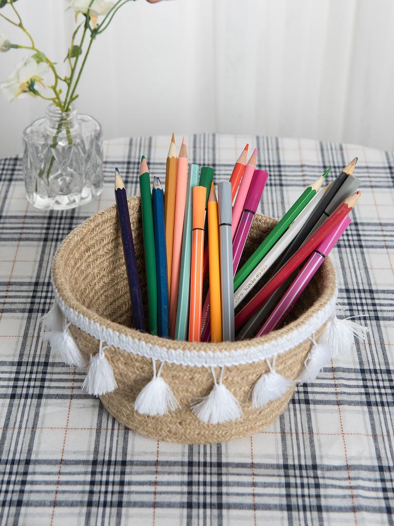 Vintage Jute Woven Storage Basket Nordic Home Cotton Thread Tassel Sorting Box Weaved Organizing Bin for Living Room Decor