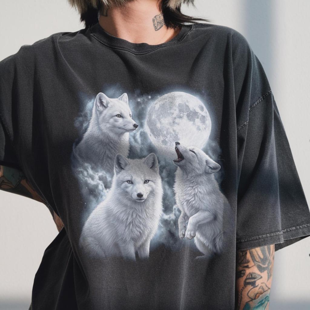Three Arctic Fox Moon Shirt, Vintage 90s Graphic Tee, Polar Animal Lover Gift