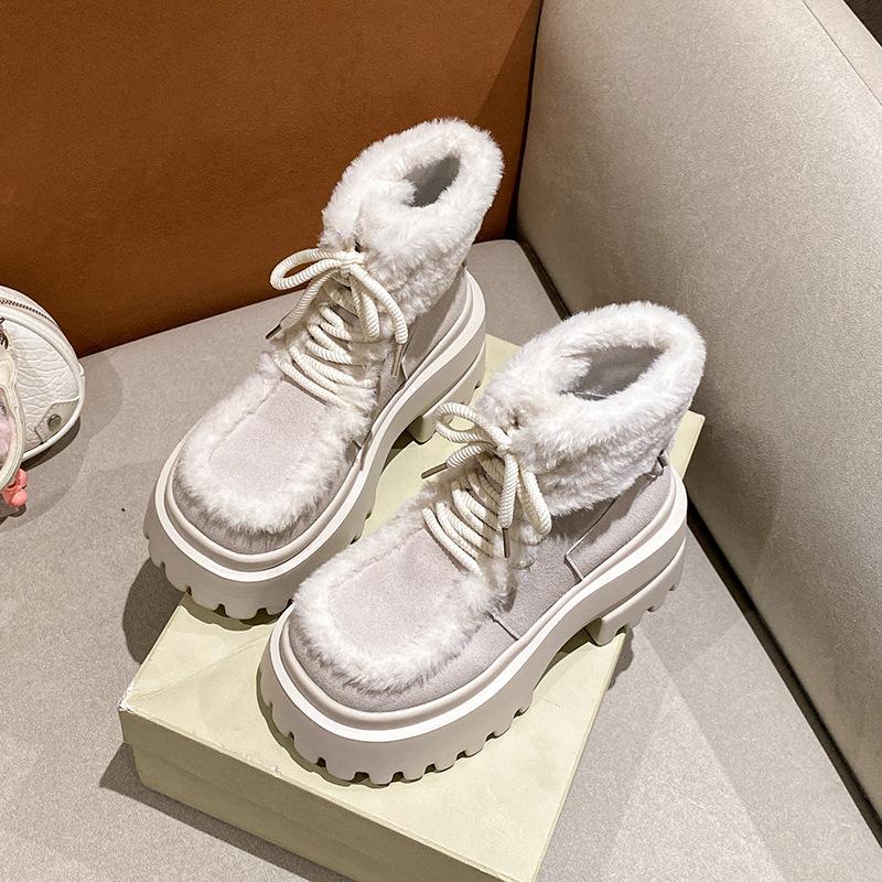 Women's Soft Lace-up Elastic Winter Warm Cold Padded Snow Boots Thick Bottom Non-slip Wear-resistant Outdoor Leisure Sports Fur Cotton Boots