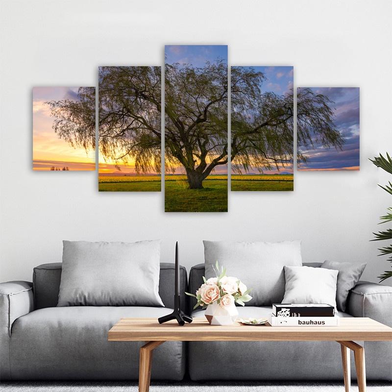 5 Panels Landscape Tree Posters Canvas Painting Sunset Sky Pictures Prints Wall Art For Living Room Modern Home Decor No Frame