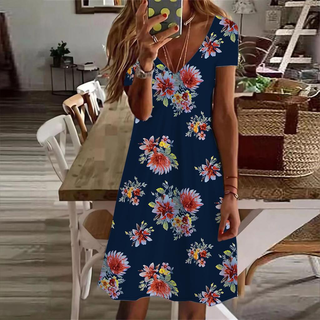 Летняя мода женские V-образный вырез короткий рукав цветочный принт платье сексуальные короткие юбки платья