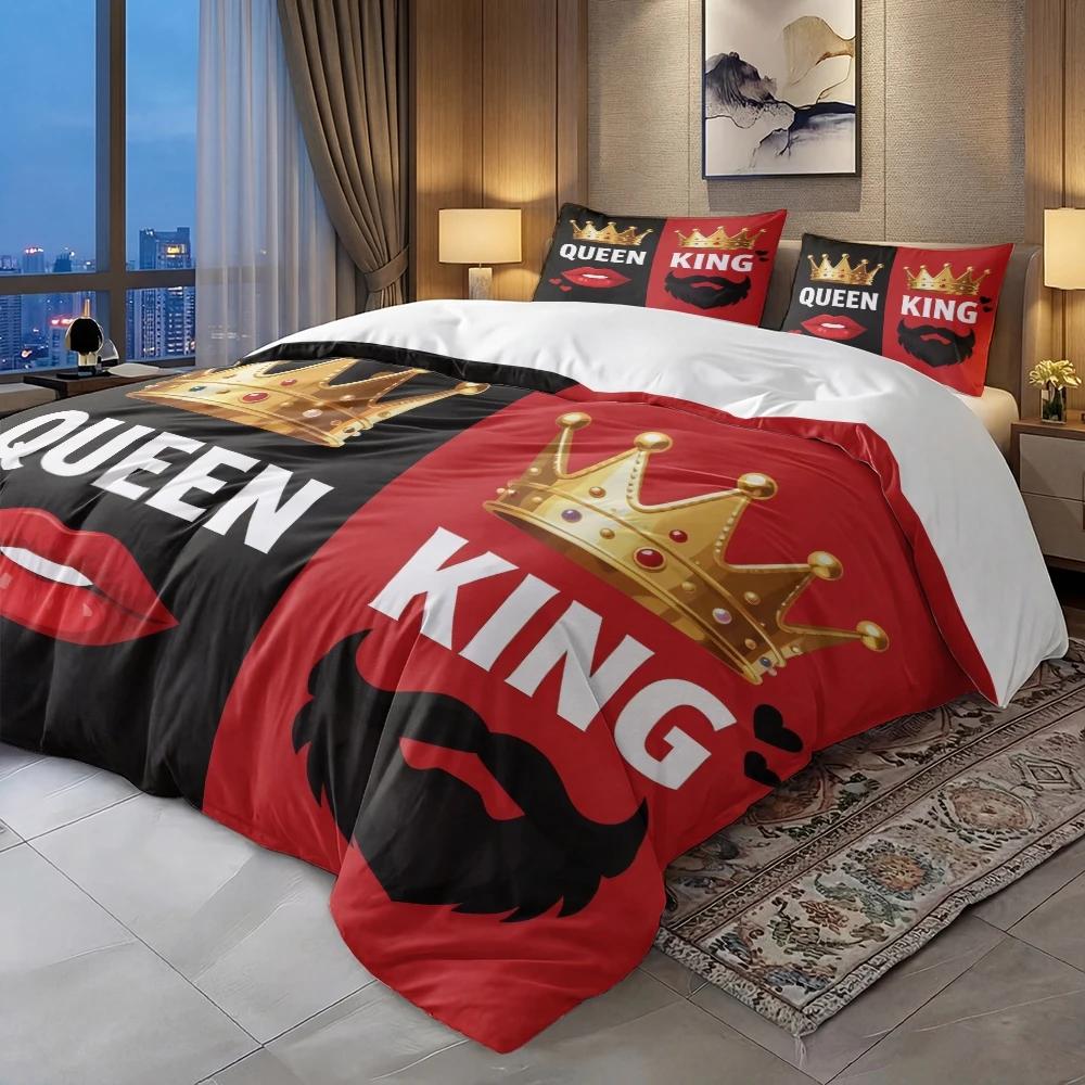 Комплект из 3 предметов King Queen с принтом губ, Набор стеганых одеял ко Дню святого Валентина, Включает 1 пододеяльник и 2 наволочки(исключая отступы)