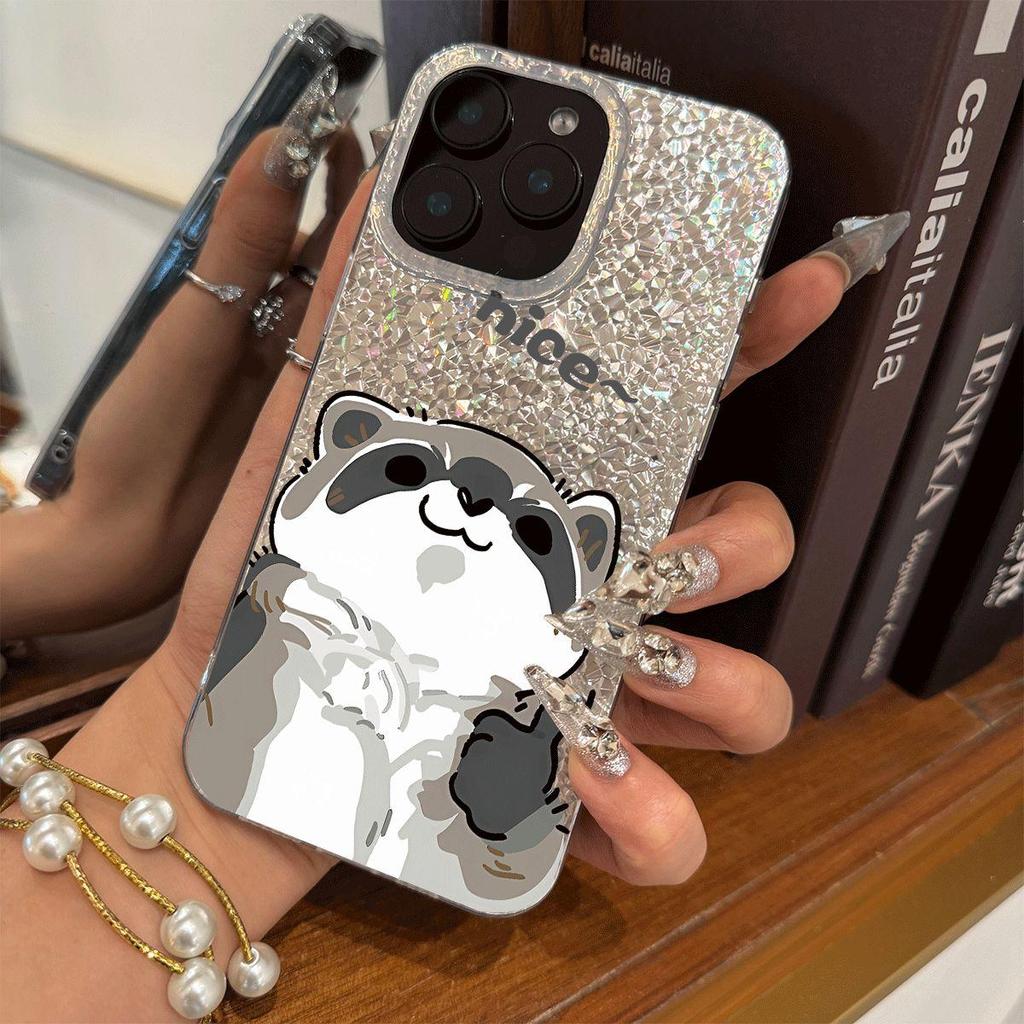 Case for iphone 14 Air XR 12 17 Pro 13 XS Max 18 Pro Max 16 Plus 15 11 Thumbs Up Raccoon Shattered Silver Texture Airbag Shockproof Cover