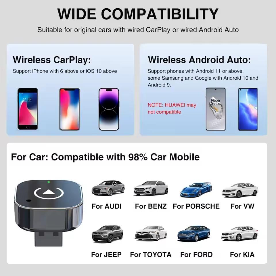 2-в-1 проводной и беспроводной CarPlay Android Auto адаптер для OEM автомобильной стереосистемы с USB Plug and Play Bluetooth