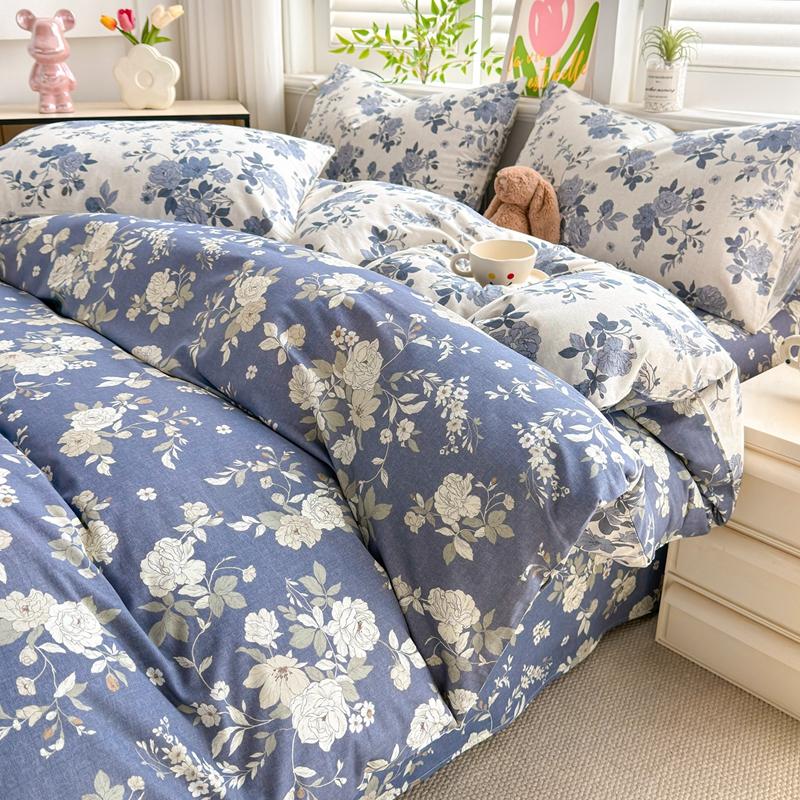 Sleep grid cotton printed bed sheet and duvet cover four piece set