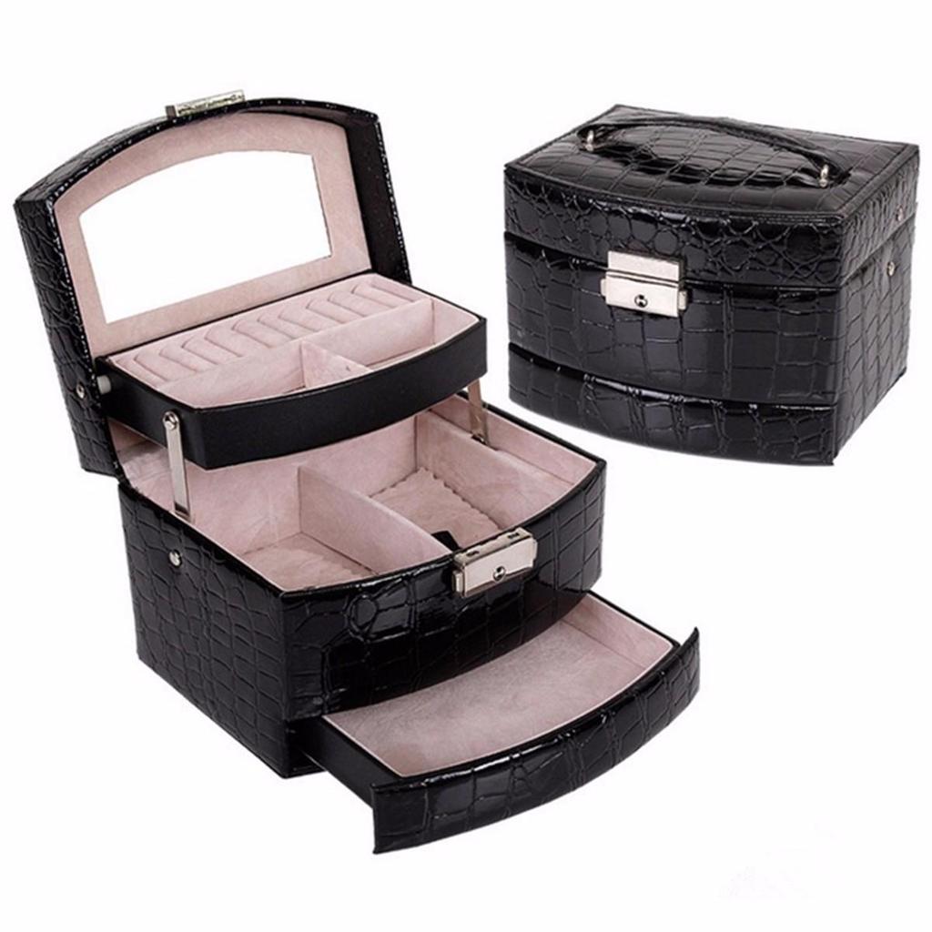 Новая кожаная шкатулка для драгоценностей, органайзер для ювелирных изделий для девочек, зеркальный мини-дорожный футляр, запираемый, черный