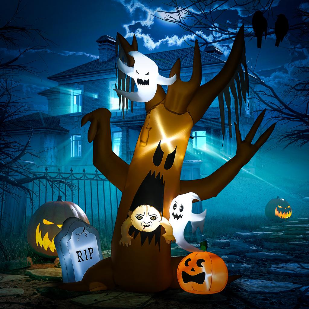 Halloween Decoration, 2.40m Tall Ghost Tree, Self-Inflating, LED Lighting, for Outdoor Areas
