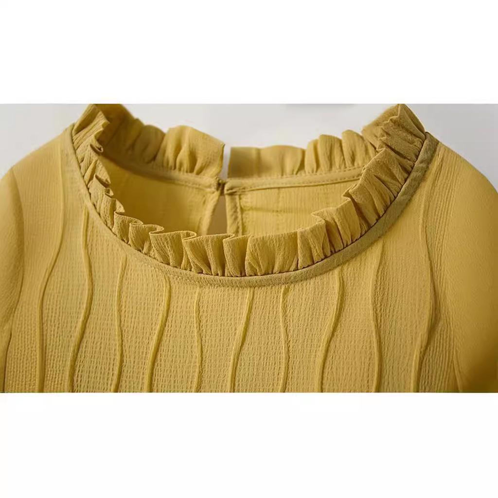 Весна и Осень Волнистый Узор Текстура Чувство Дизайна Деревянное Ухо Маленький Воротник-стойка Рубашка Французский Пуловер Маленькая Рубашка Женская