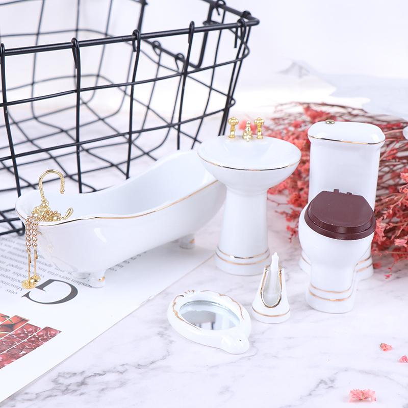 5Pcs 1:12 Dollhouse Miniature Porcelain Bathroom Set Toilet Basin Bathtub Mirror