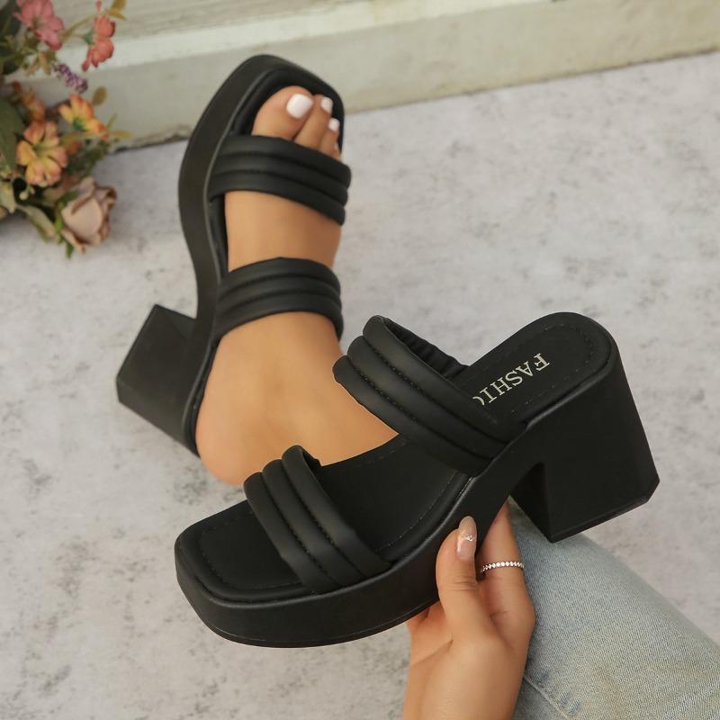 Модные женские тапочки Летние туфли с квадратным носком на толстом высоком каблуке Женская обувь Повседневные босоножки на толстой подошве Удобные тапочки Тапочки на высоком каблуке