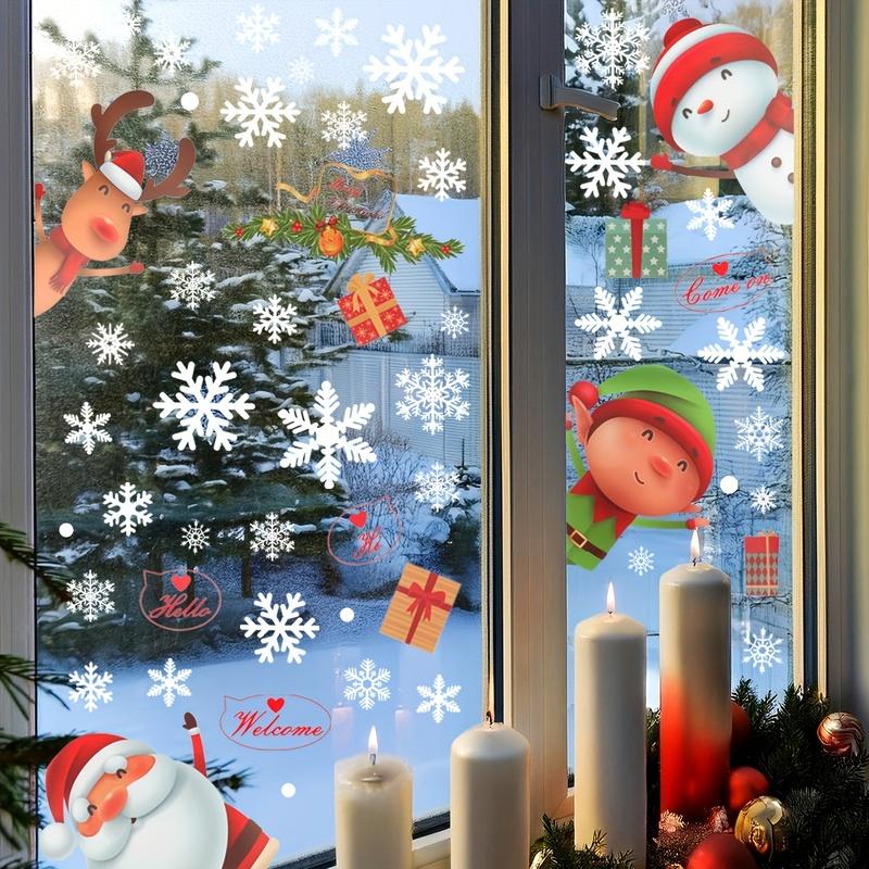1Set Christmas Snowflake Window Clings Stickers For Glass, Xmas Decals Decorations Holiday Snowflake Santa Claus Reindeer Decals