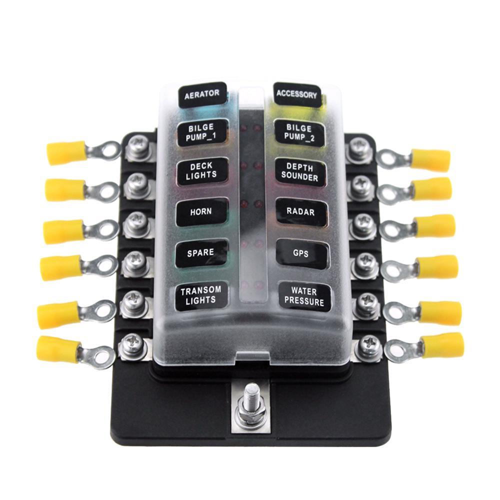 Блок предохранителей с 12 гнездами для ножевых предохранителей, держатели предохранителей, блоки предохранителей с красным светодиодным индикатором, 10 шт. предохранителей, 10 шт. клемм для автомобиля, лодки, морского транспорта, каравана