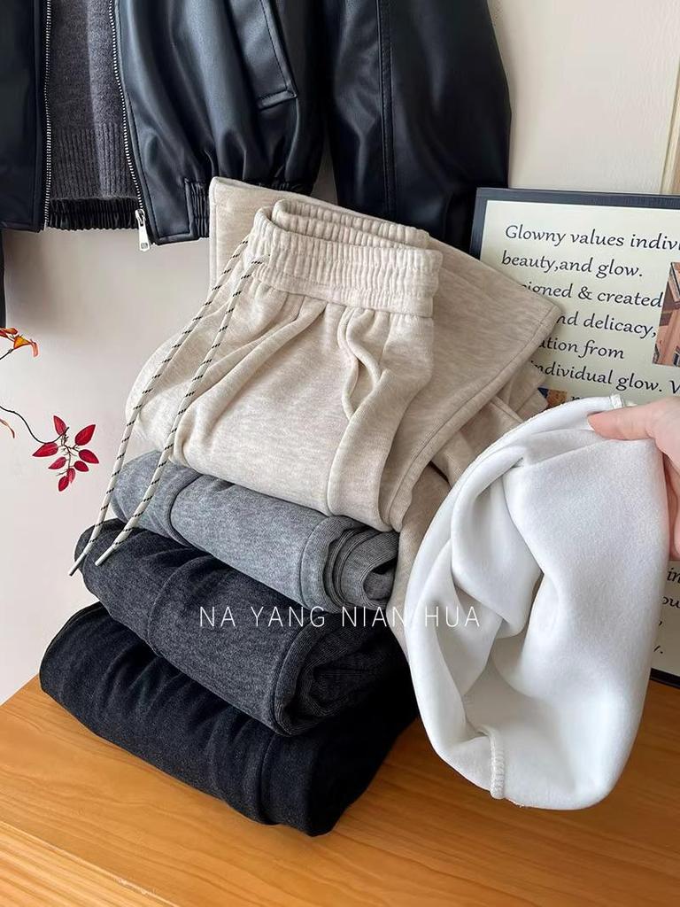 Petite Fleece-Lined Slimming Straight-Leg Pants for Women - Autumn/Winter Elastic Waist Casual Versatile Style