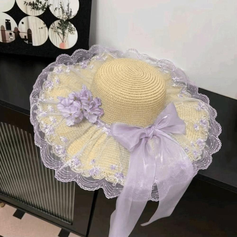 Floral Design Woman's Straw Hat Elegant Sun Protection Cap Lace Brim Sunshade Cap Casual Wear