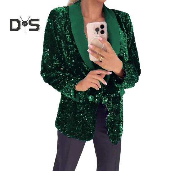 Женский пиджак с лацканами и длинными рукавами на пуговицах, пиджак с блестками, осенне-зимняя деловая верхняя одежда для уличной вечеринки