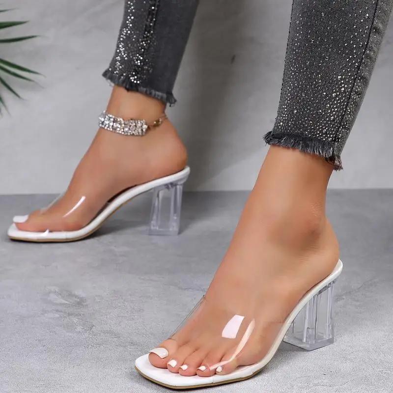 Fashion Elegant Transparent Pvc Clear High Heels Slippers Women 2025 Summer Square Toe Crystal Sandals Women Sexy Slip On Party Shoes