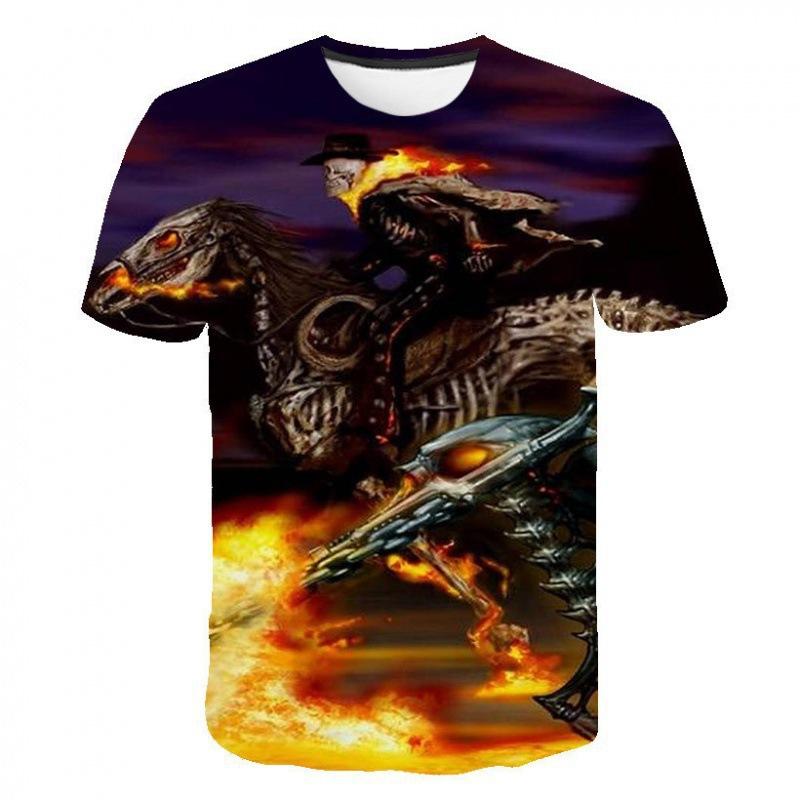 Evil Knight Skull Printed Short Sleeved T-shirt with Flame Pattern Skull Personalized Clothes for Men