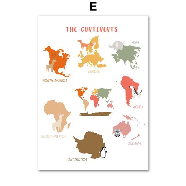 Мультяшная карта мира, алфавит, число, формы погоды, диаграмма, художественная картина на холсте, плакаты на скандинавскую тему, принты, настенные панно, декор для детской комнаты, без рамки