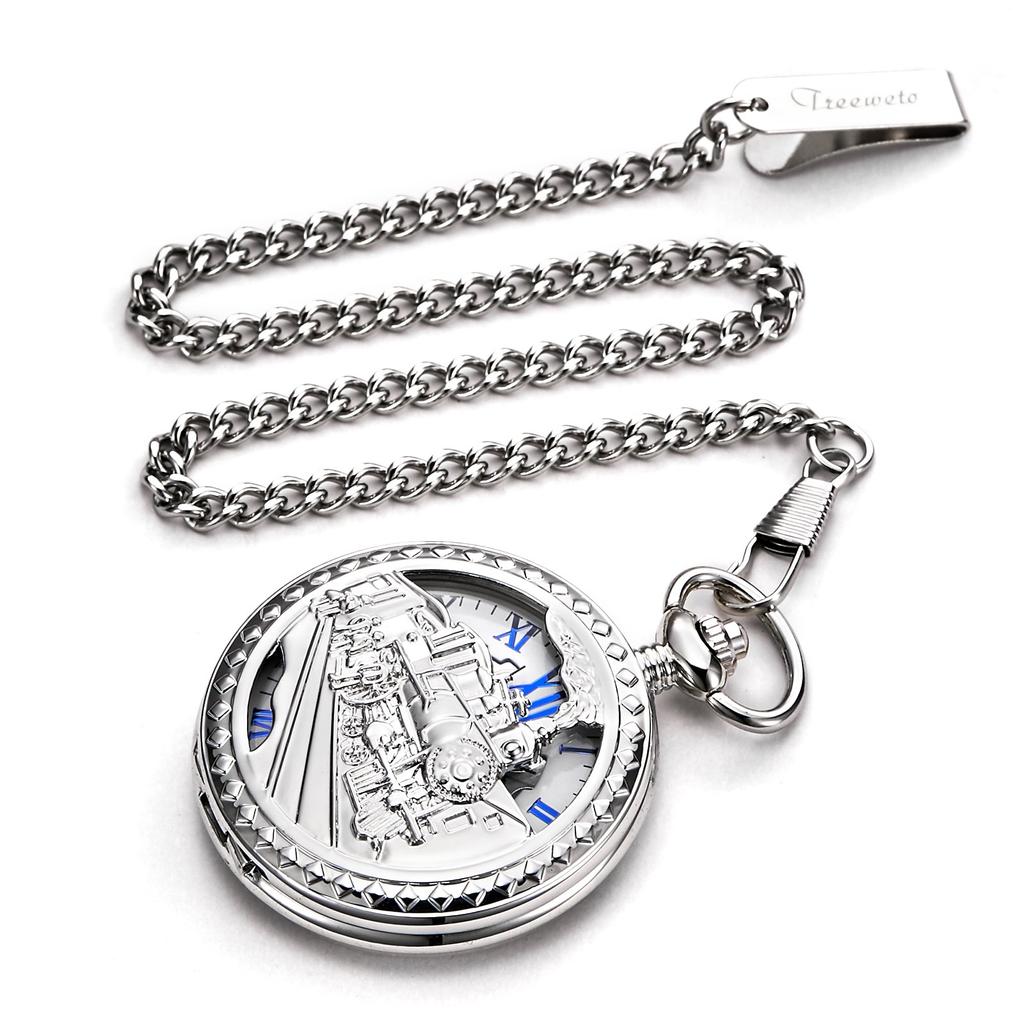 TREEWETO механические карманные часы железнодорожные антикварные скелетонированные римские цифры серебро с цепочкой