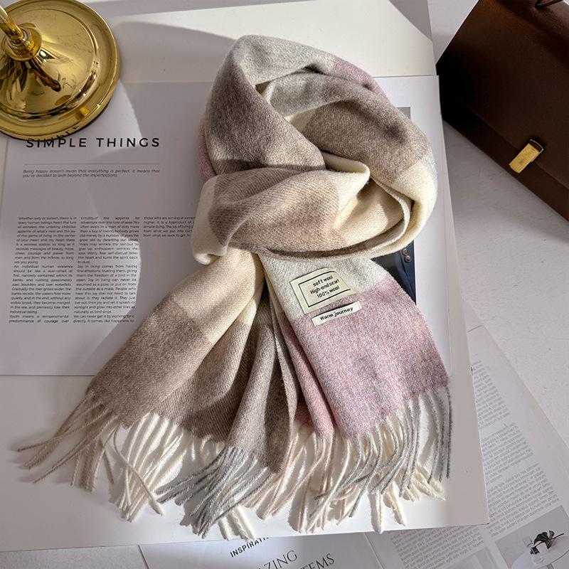 100% Pure Wool Winter Scarf for Women Long Warm Cashmere Scarves Hijab Lady Plaid Shawl Wrap Female Pashmina Bandana Headscarves