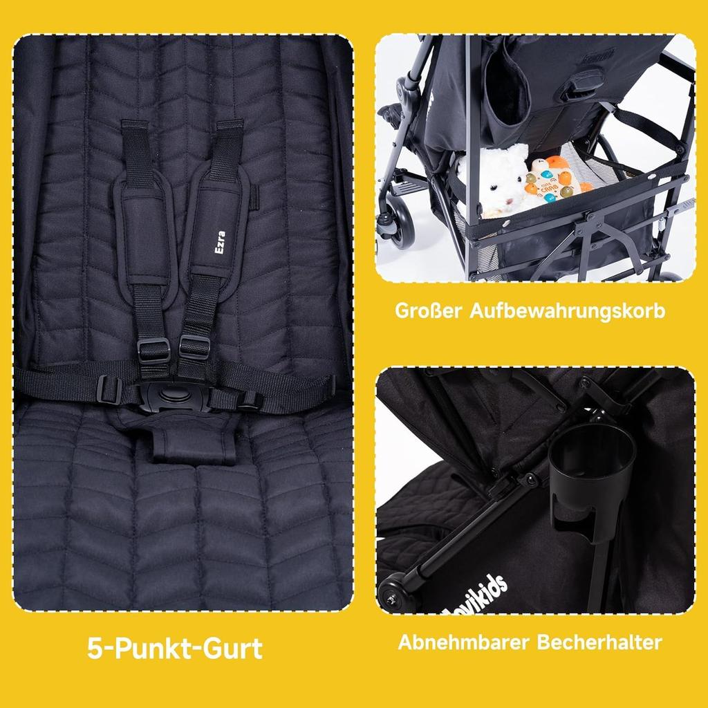 Jovikids Stroller, Small Foldable Buggy with Reclining Function, Foldable Travel Buggy up to 22kg Incl. Sun Canopy, Rain Cover and Cup Holder (Black)
