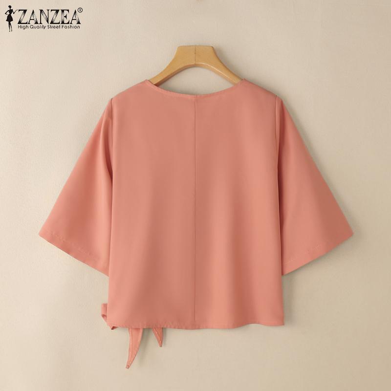 ZANZEA Женская повседневная однотонная блузка с круглым вырезом и половиной рукавов
