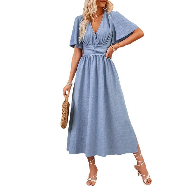 Women's Summer Ruffle Sleeve High Split Solid Colour Long Elastic Waist Dresses