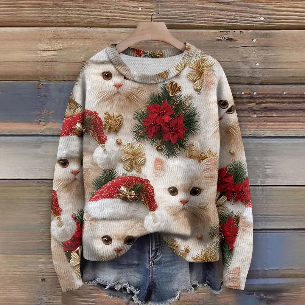 Long Sleeve Pullover Sweaters For Women O Neck Casual Cute Printing Knit Oversized Sweater