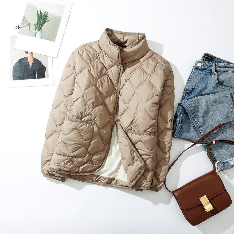 Women Ultralight Down Jacket Autumn Winter Outwear Casual Argyle Stand Collar Simple Coat Korean Style