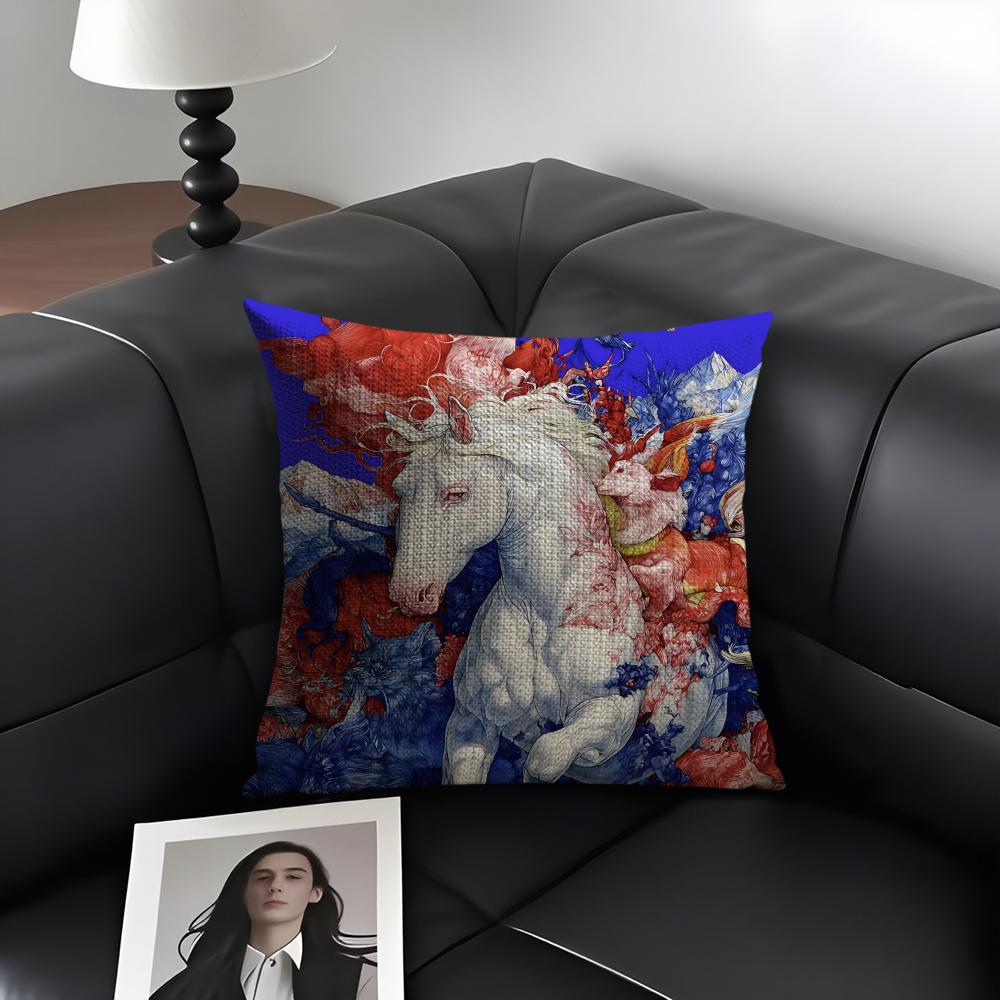 White Horse Luxury Cushion Cover Natural Linen Organic Fabric DoubleSided Printing Sofa Home Decor Gift Pillow Case