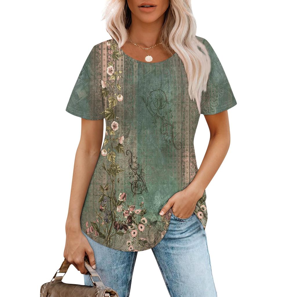 Women's Fashionable Casual Pleated Round Neck  Printed Short Sleeved T-shirt Top
